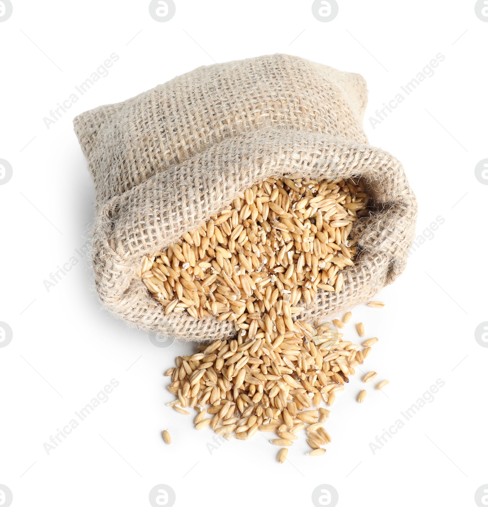 Photo of Overturned sack with oat grain isolated on white