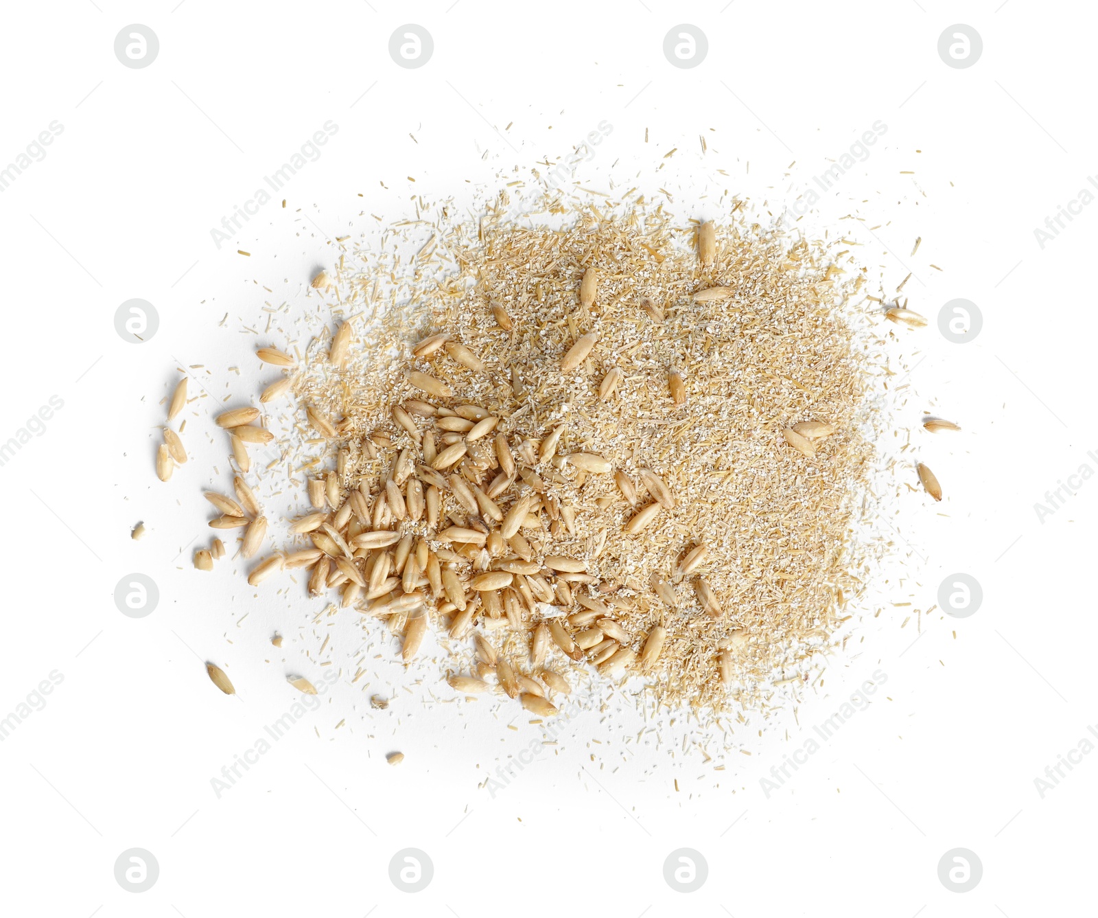 Photo of Oat bran and grains isolated on white, top view