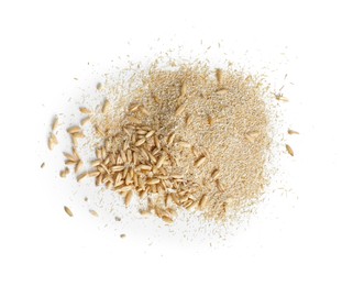 Oat bran and grains isolated on white, top view