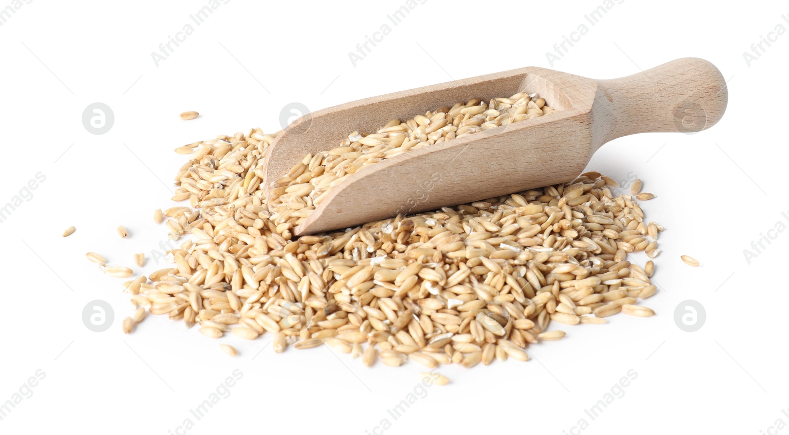 Photo of Oat bran and scoop isolated on white