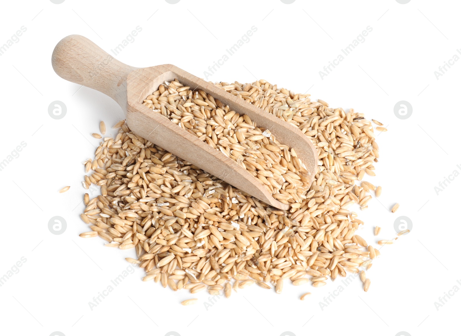 Photo of Oat bran and scoop isolated on white