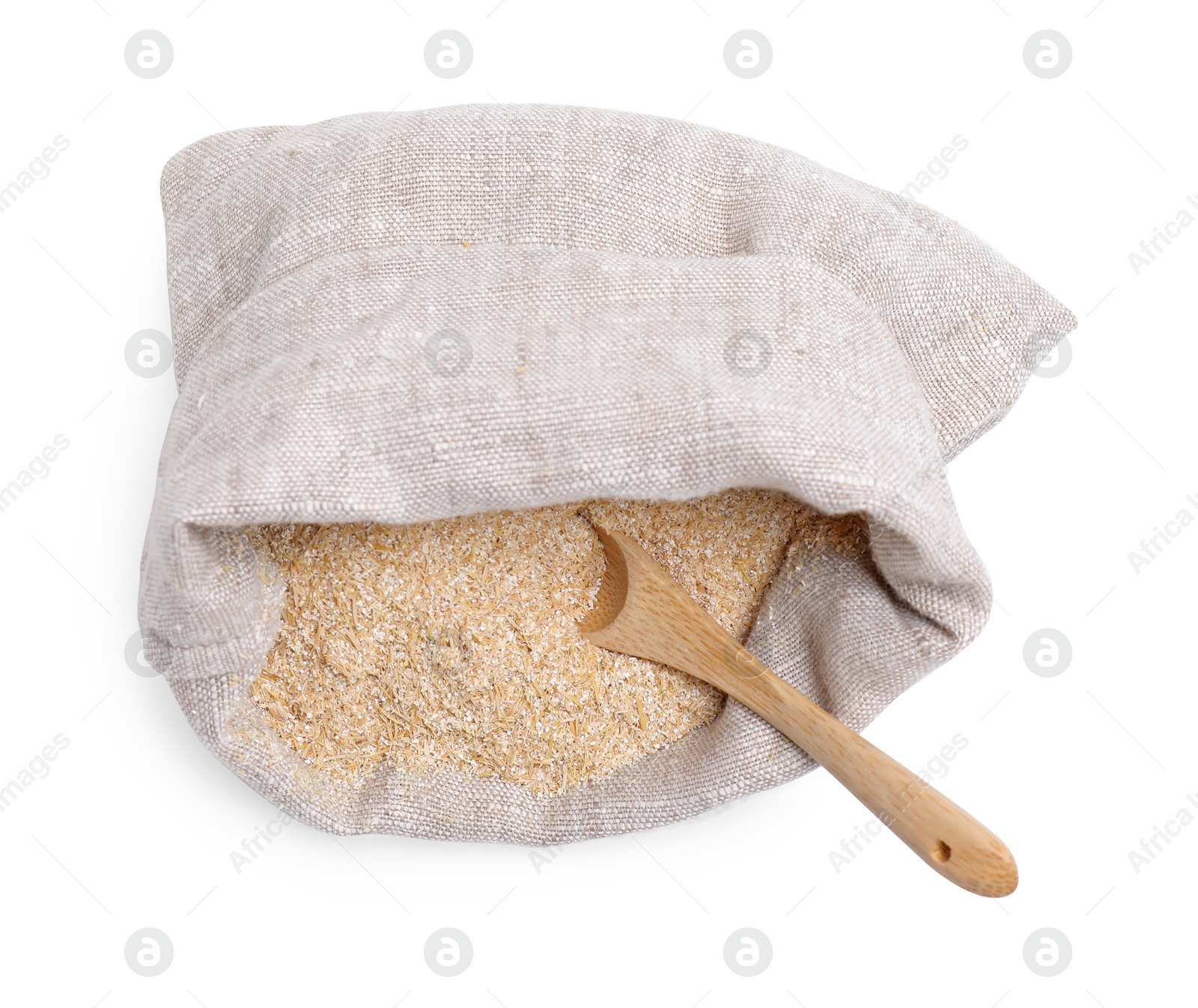 Photo of Oat bran in sack and spoon isolated on white