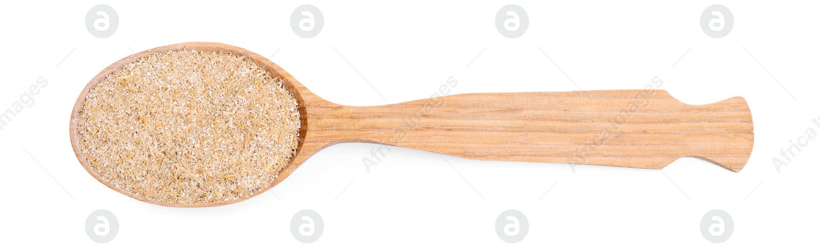 Photo of Oat bran in spoon isolated on white, top view