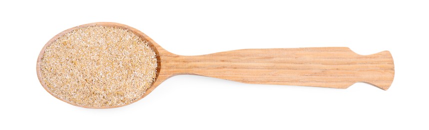 Photo of Oat bran in spoon isolated on white, top view