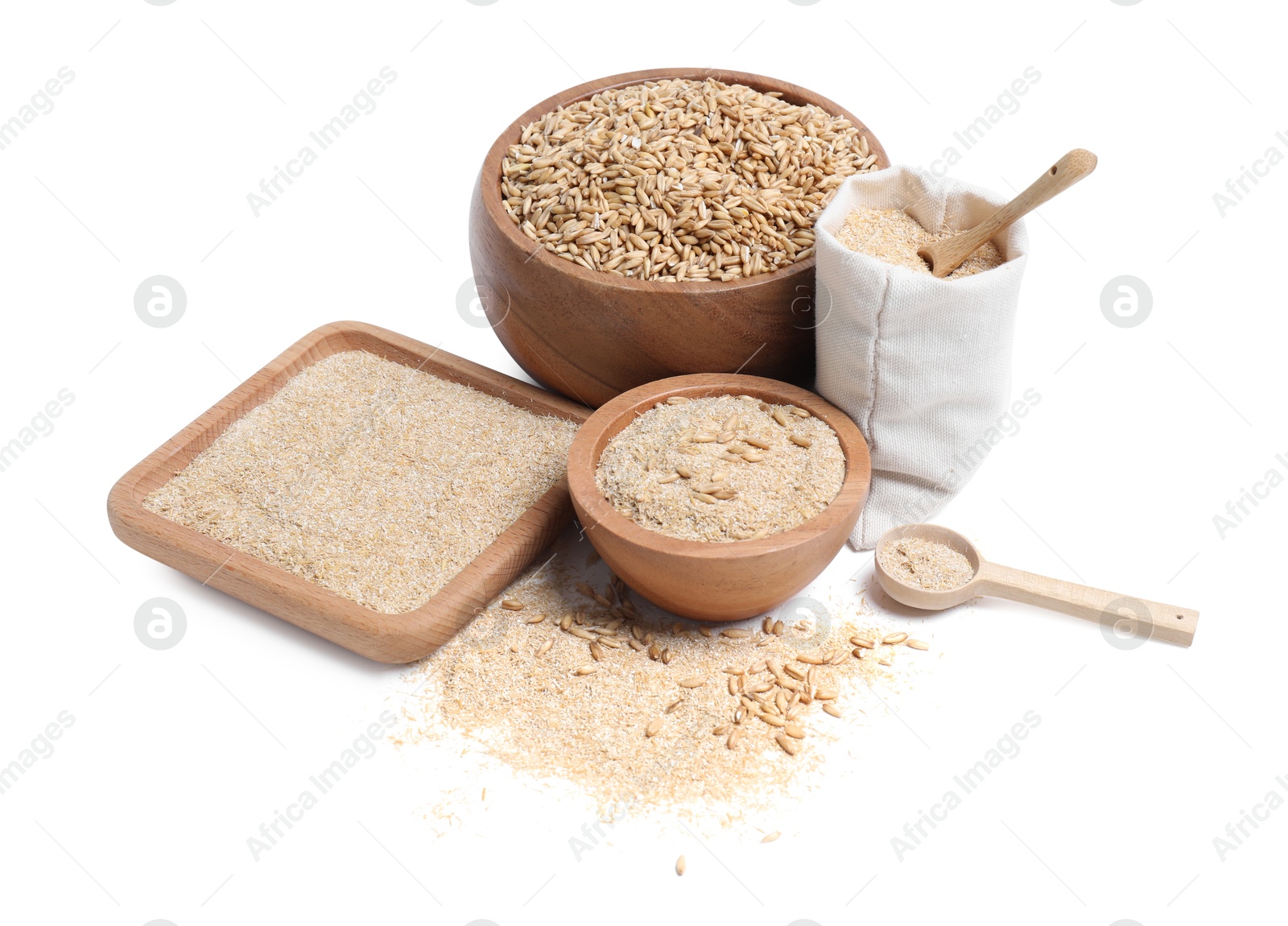 Photo of Oat grains and bran in dishware isolated on white