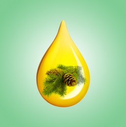 Image of Conifer essential oil drop with fir tree branch inside on green background