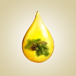 Image of Conifer essential oil drop with fir tree branch inside on beige background