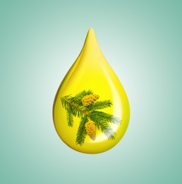 Image of Conifer essential oil drop with fir tree branch inside on turquoise background