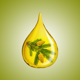 Image of Conifer essential oil drop with fir tree branch inside on olive color background