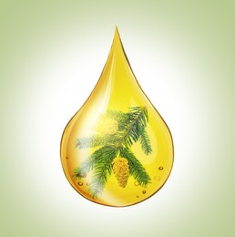 Image of Conifer essential oil drop with fir tree branch inside on pale green background