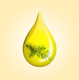 Image of Conifer essential oil drop with fir tree branch inside on pale orange background