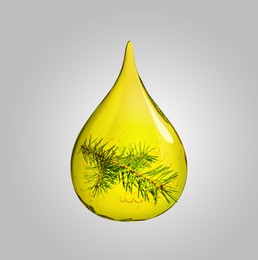 Image of Conifer essential oil drop with fir tree branch inside on grey background