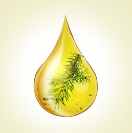 Image of Conifer essential oil drop with fir tree branch inside on beige background