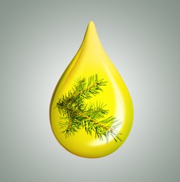 Image of Conifer essential oil drop with fir tree branch inside on grey background