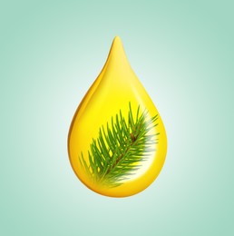 Image of Conifer essential oil drop with pine tree branch inside on turquoise background