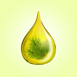 Image of Conifer essential oil drop with pine tree branch inside on yellow background