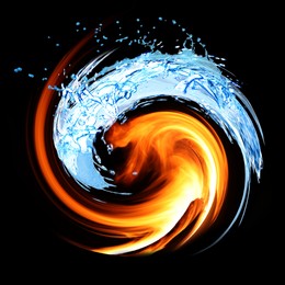 Yin and yang symbol made of fire and water on black background