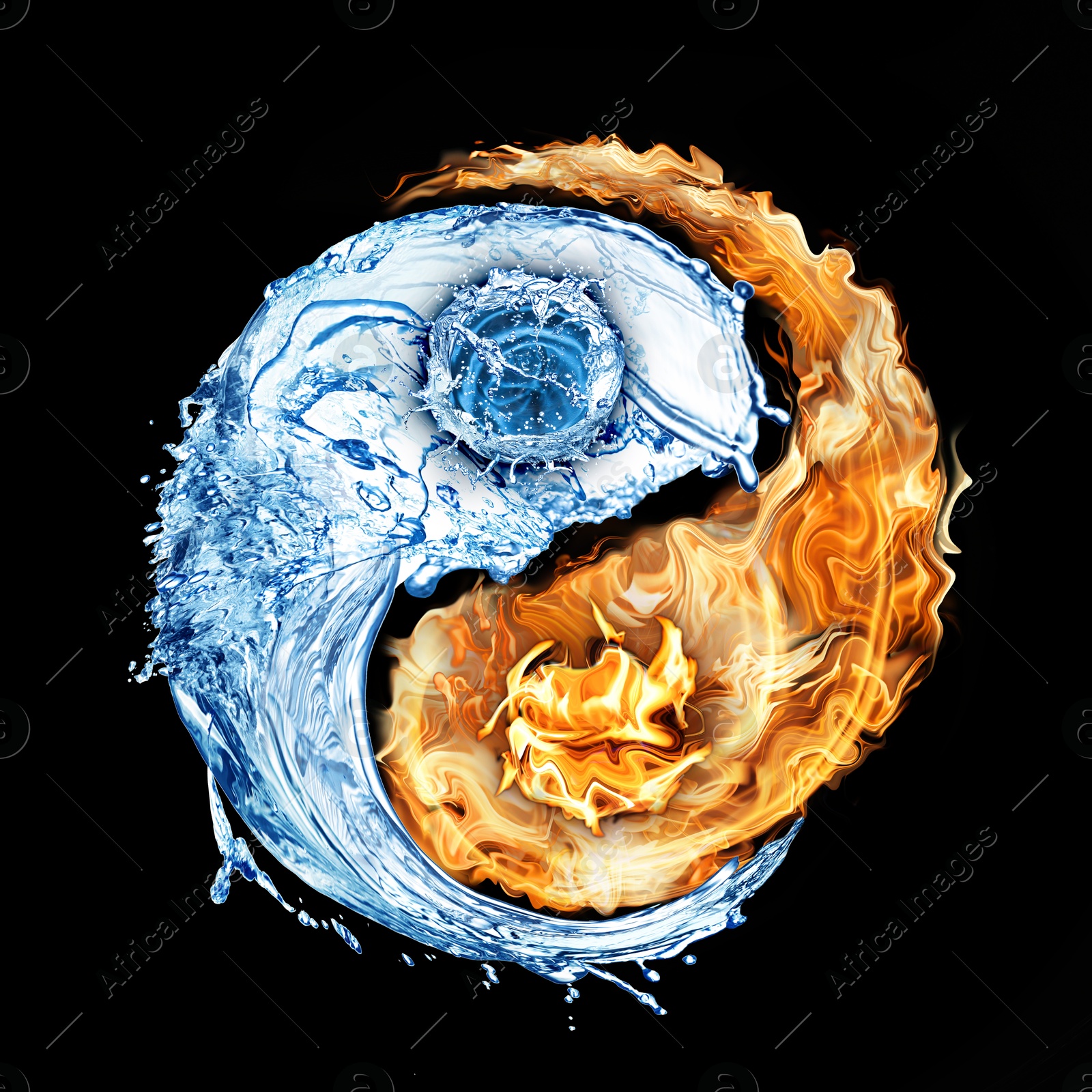 Image of Yin and yang symbol made of fire and water on black background