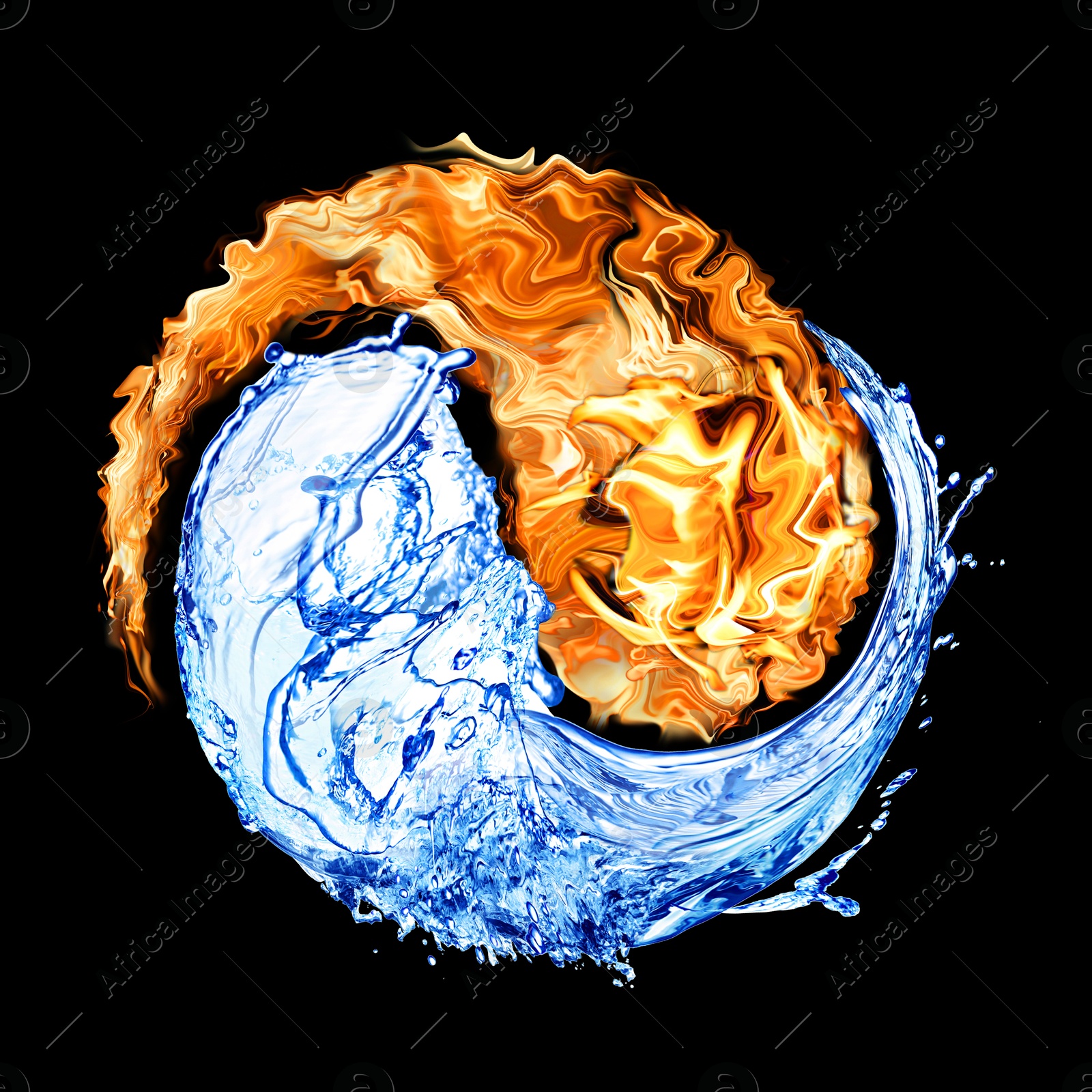 Image of Yin and yang symbol made of fire and water on black background