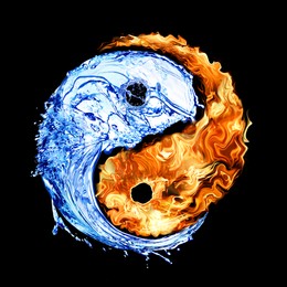 Image of Yin and yang symbol made of fire and water on black background