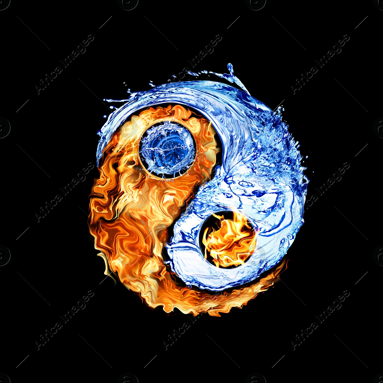 Image of Yin and yang symbol made of fire and water on black background