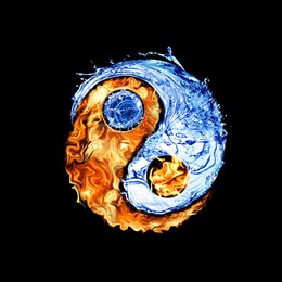 Image of Yin and yang symbol made of fire and water on black background