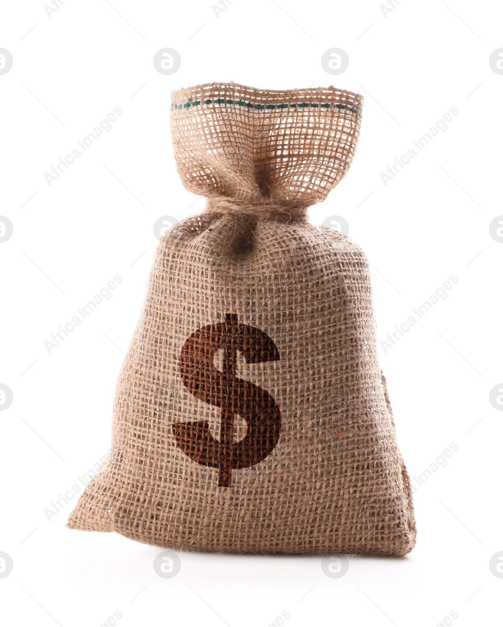 Image of Dollar sign on burlap sack, white background