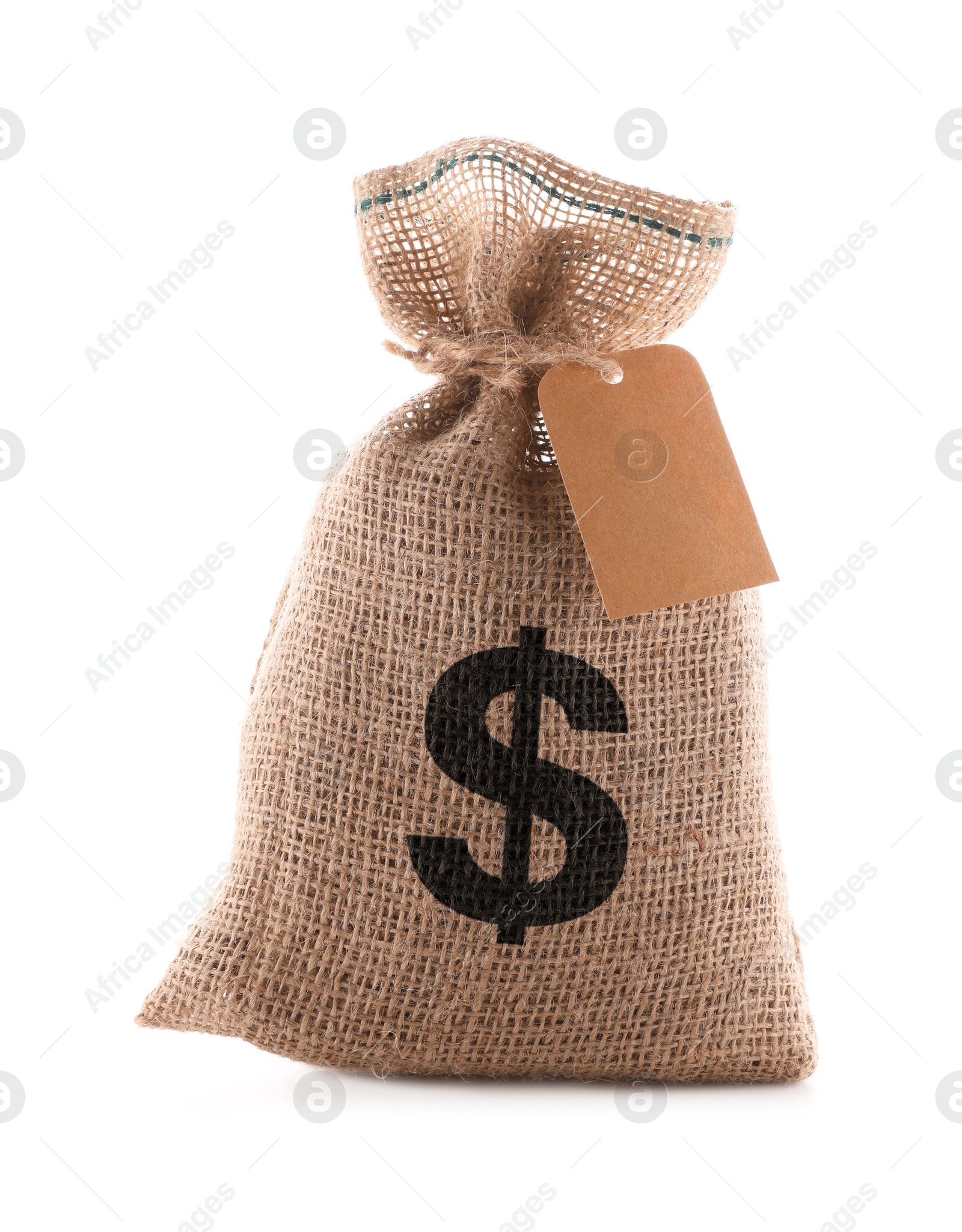 Image of Dollar sign on burlap sack, white background