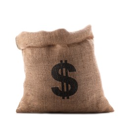 Image of Dollar sign on burlap sack, white background