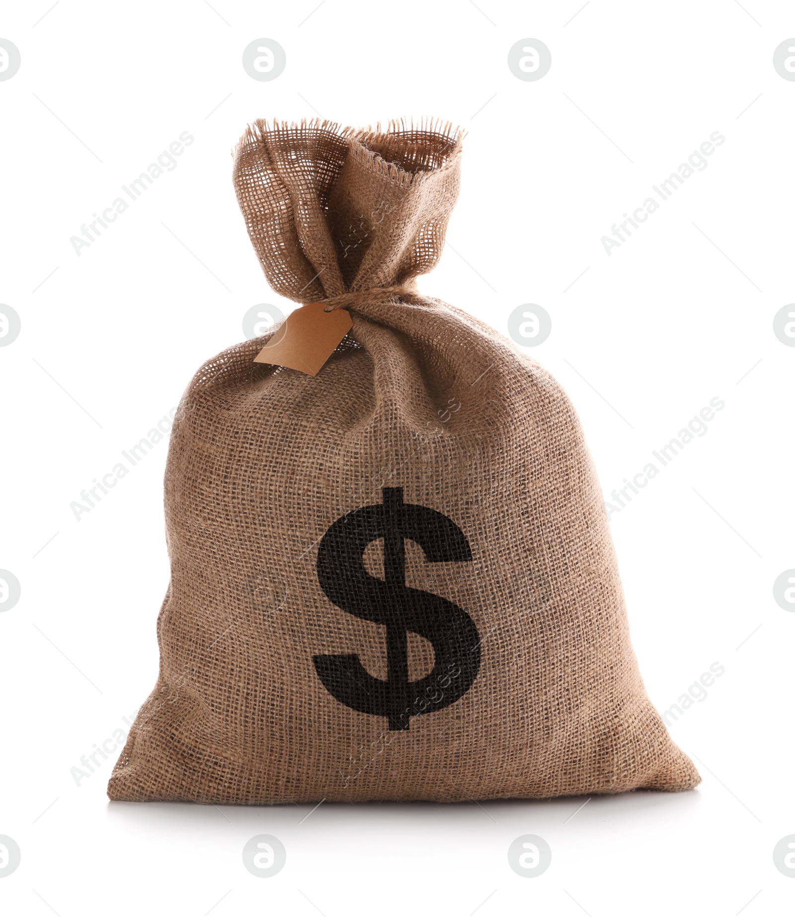 Image of Dollar sign on burlap sack, white background