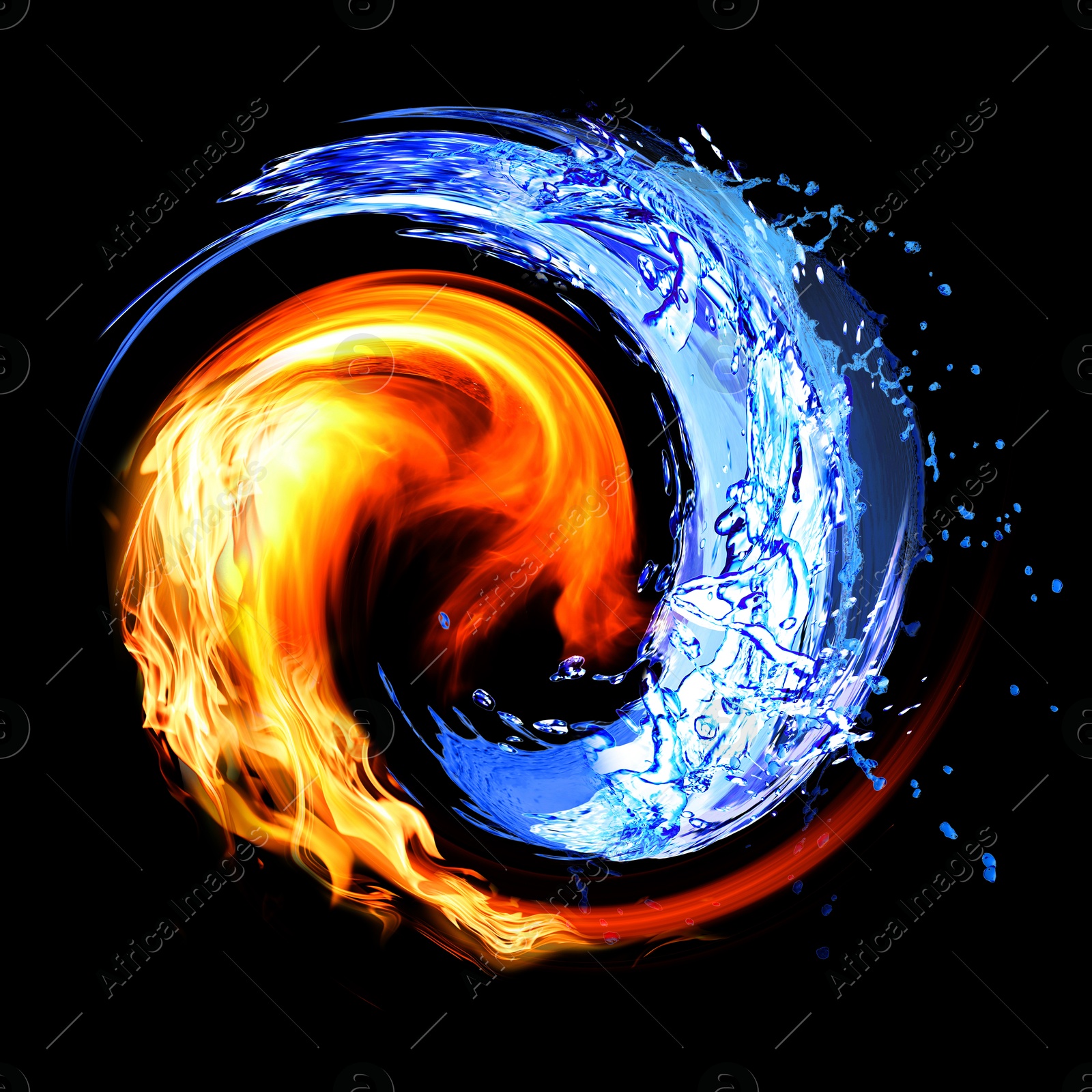 Image of Yin and yang symbol made of fire and water on black background