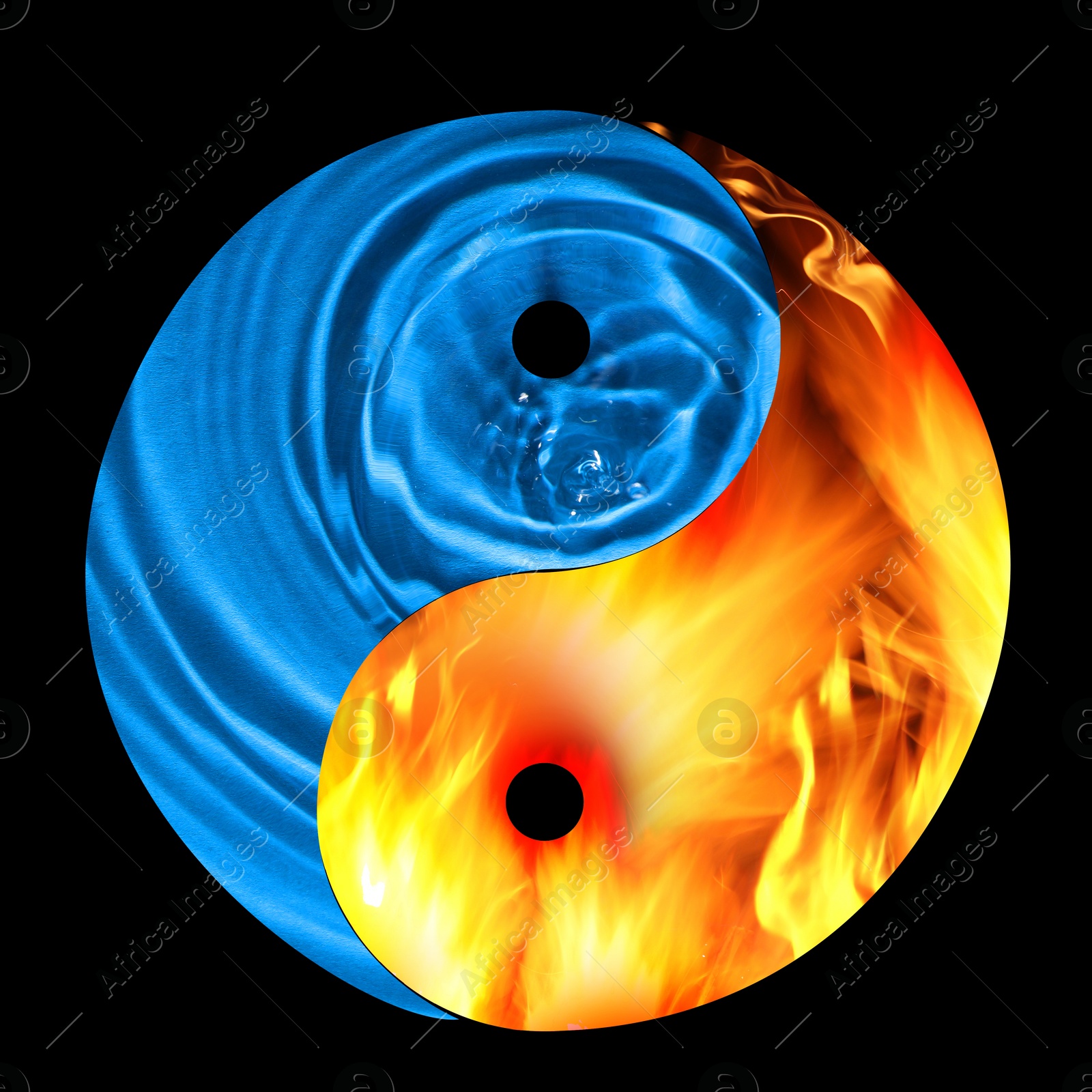 Image of Yin and yang symbol made of fire and water on black background