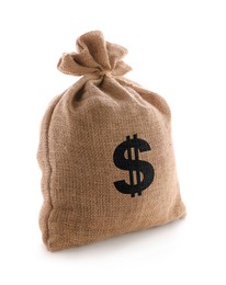 Image of Dollar sign on burlap sack, white background