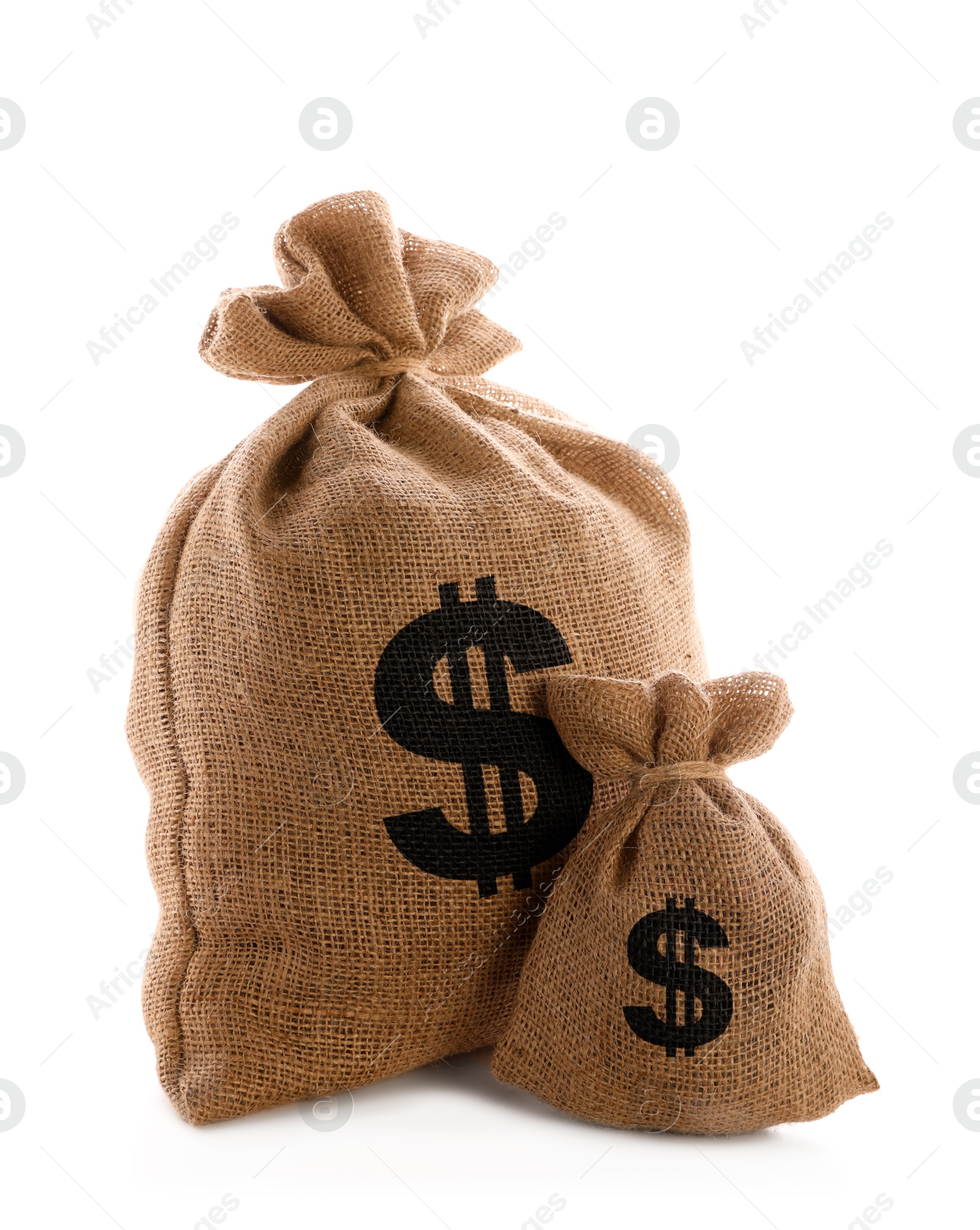 Image of Dollar signs on burlap sacks, white background