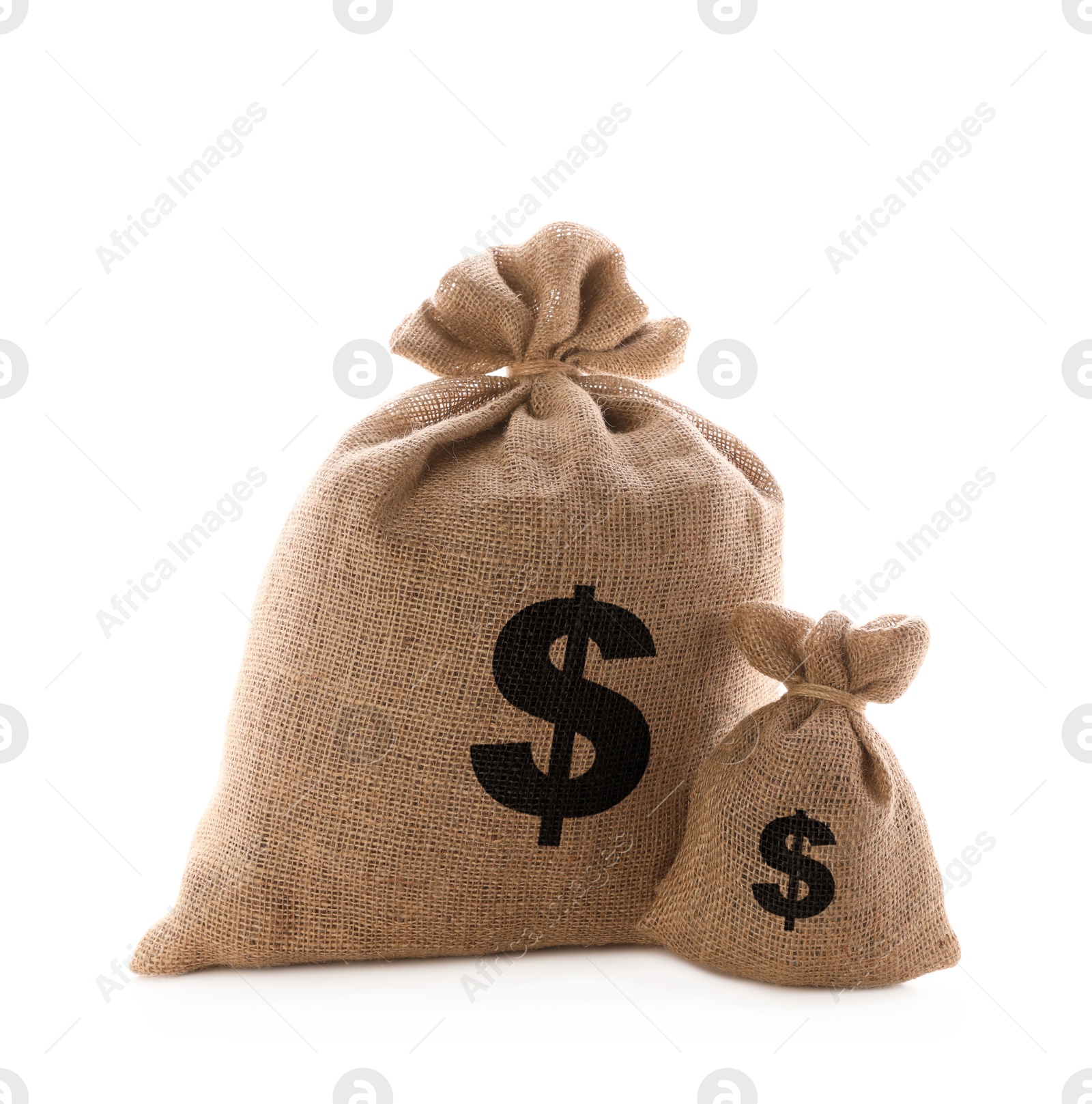 Image of Dollar signs on burlap sacks, white background