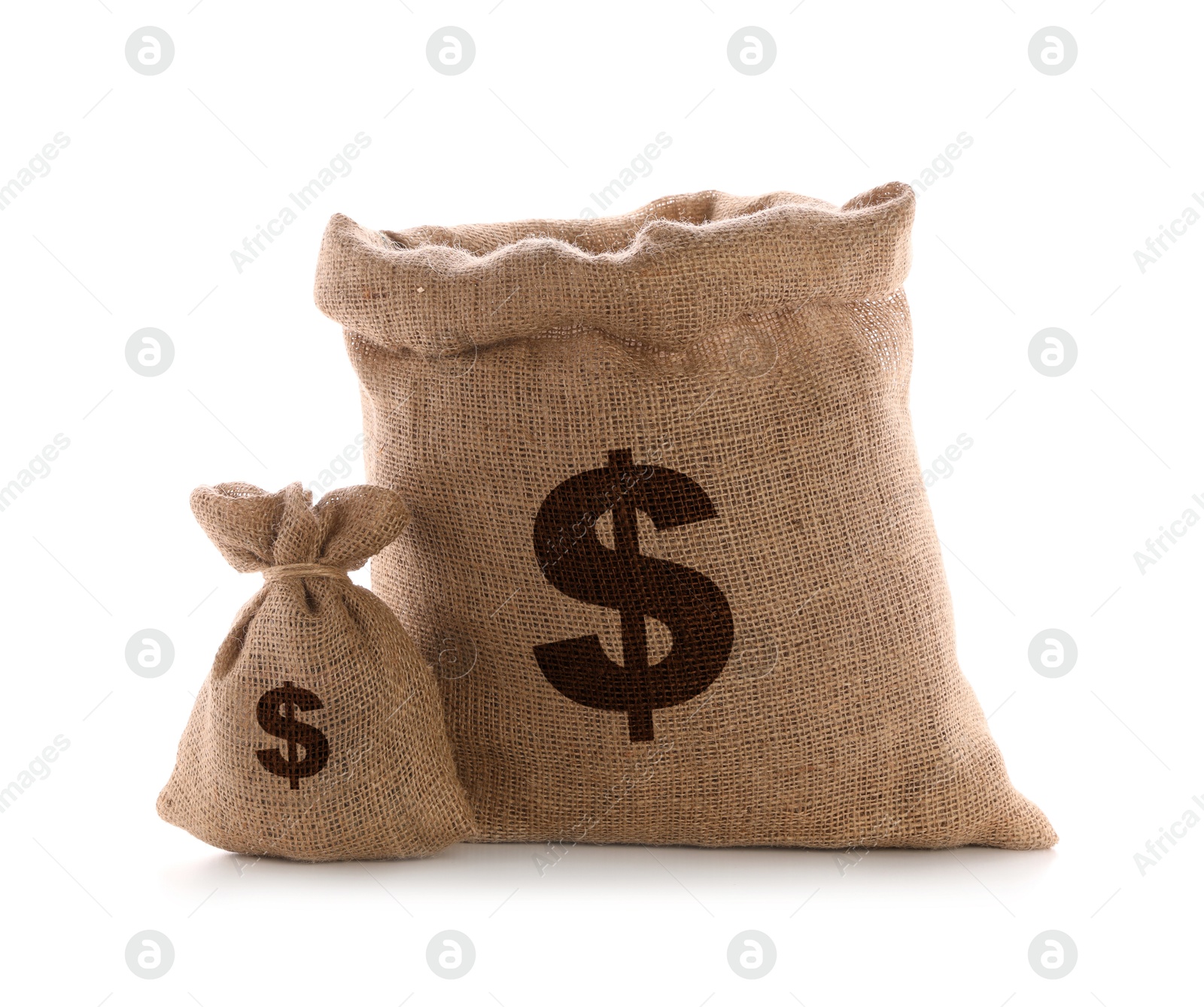 Image of Dollar signs on burlap sacks, white background