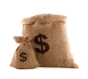 Image of Dollar signs on burlap sacks, white background