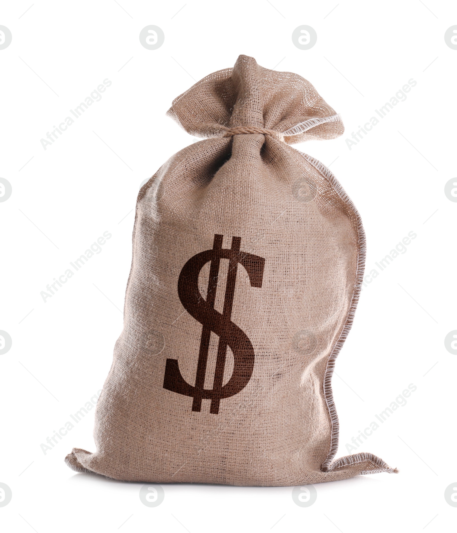 Image of Dollar sign on burlap sack, white background