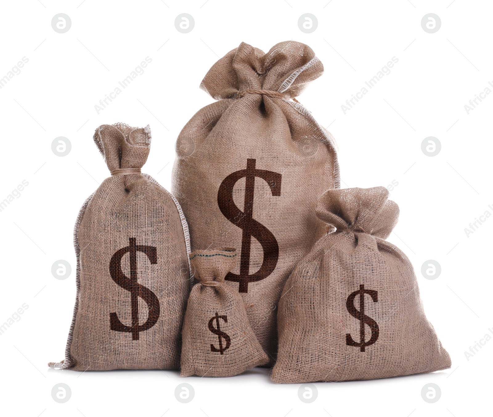 Image of Dollar signs on burlap sacks, white background