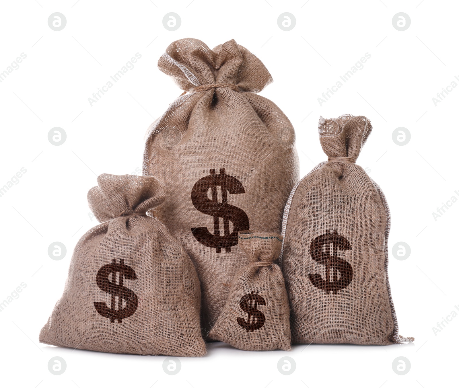 Image of Dollar signs on burlap sacks, white background