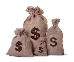 Image of Dollar signs on burlap sacks, white background