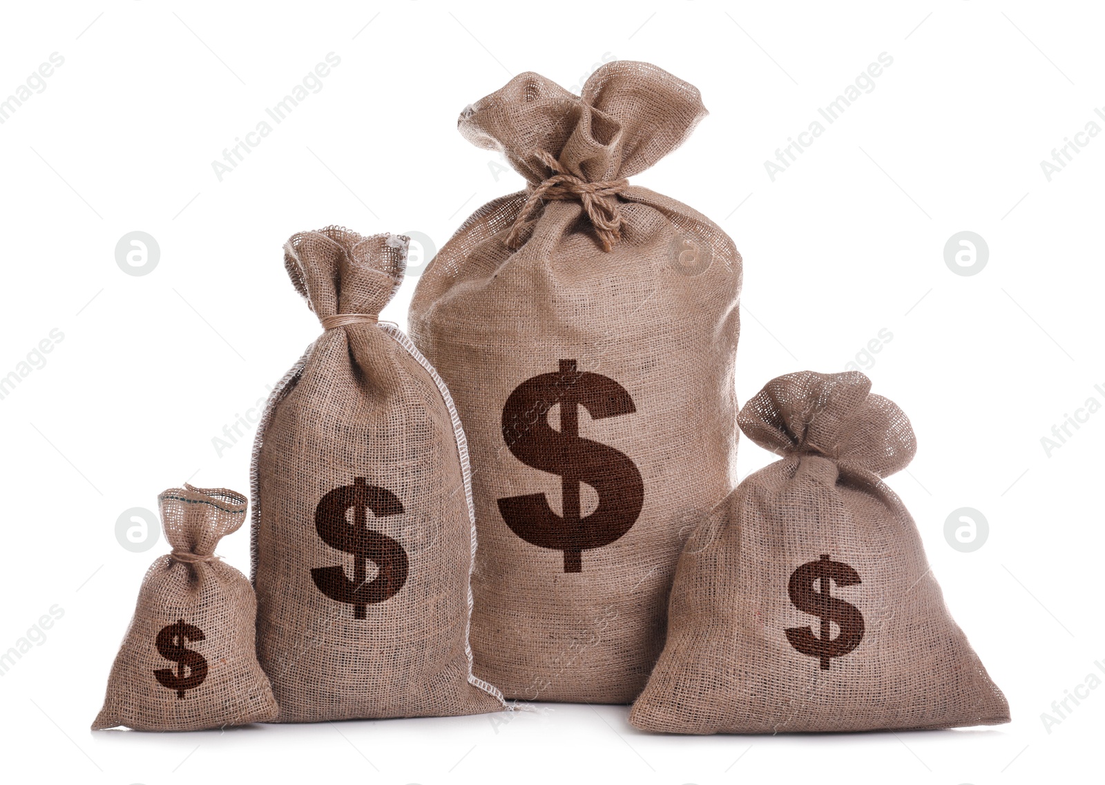 Image of Dollar signs on burlap sacks, white background