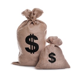 Image of Dollar signs on burlap sacks, white background