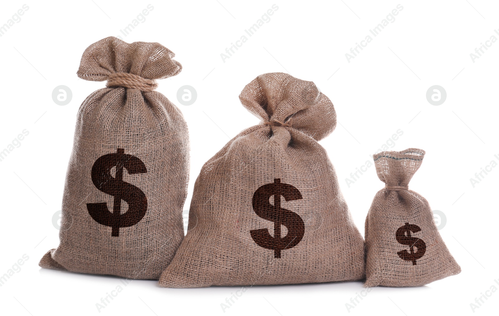 Image of Dollar signs on burlap sacks, white background