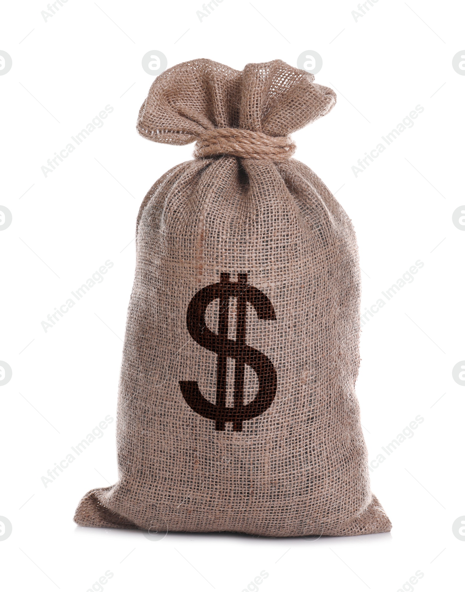 Image of Dollar sign on burlap sack, white background