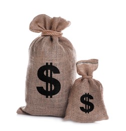 Image of Dollar signs on burlap sacks, white background