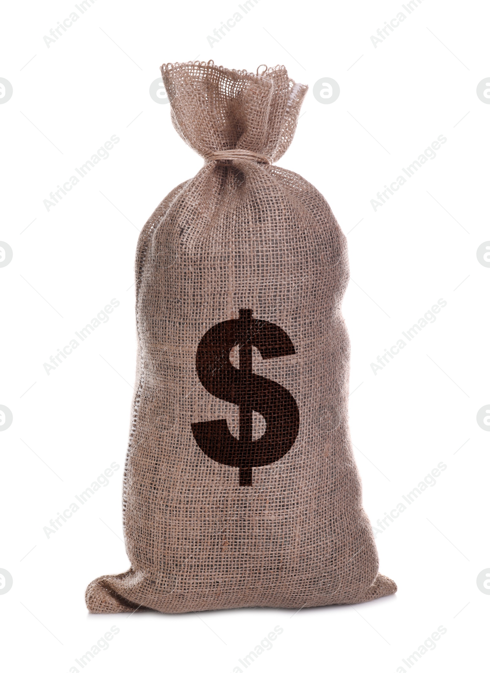 Image of Dollar sign on burlap sack, white background