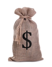 Image of Dollar sign on burlap sack, white background