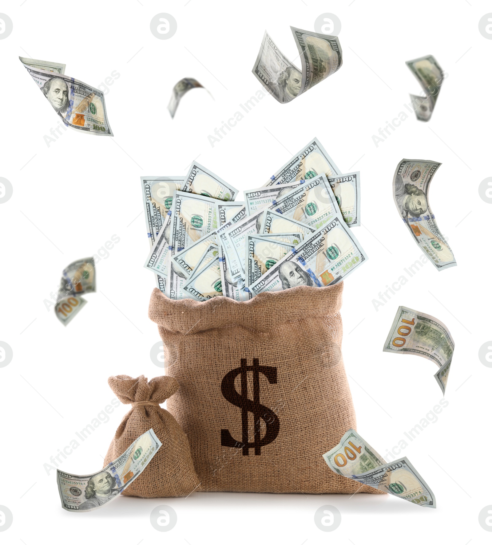 Image of Dollar bills flying around burlap sacks with currency symbol on white background