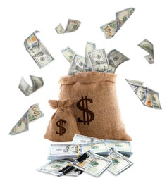 Dollar bills flying around burlap sacks with currency symbols on white background